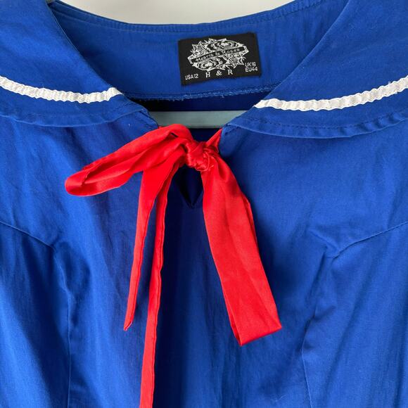 Hearts & Roses London Pin Up Sailor Swing Mini Dress in blue w/ red bow Size 12 - Picture 4 of 5